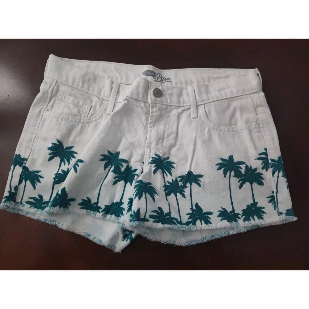 Old Navy The Diva Denim Cut Off Shorts White Gree Tropical Palm Mid Rise Size 4